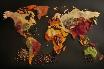 Spices Map, a World Map Made of Seasonings, Abstract Generative AI Illustration