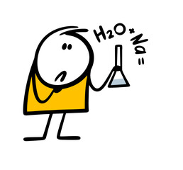 At chemistry lesson, student solves a problem, deduces chemical formula for the reaction of water and sodium. Vector illustration of a thoughtful stickman.