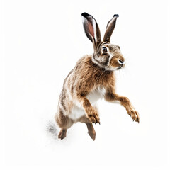 Forest hare jumping on white background, illustration created with generative AI technologies