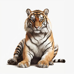Tiger sitting on white background, illustration created with generative AI technologies