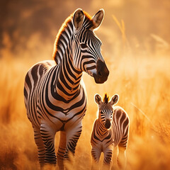 Fototapeta na wymiar Savanna life, two zebras: mother and kid zebra standing , sunset colors. Reservation habitants.illustration created with generative AI technologies