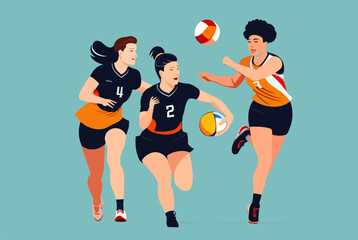 three female volleyball players playing volleyball