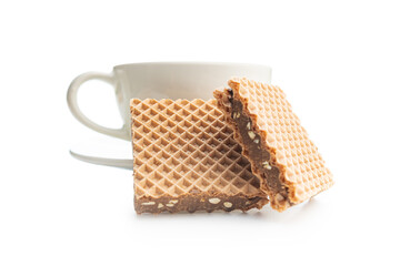 Sweet chocolate wafer isolated on white background.