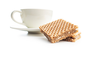 Sweet chocolate wafer isolated on white background.