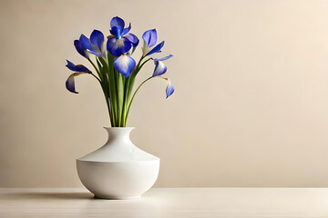 Iris vase arrangement on a beige background, with a glass minimalist sculpture as minimalist decor