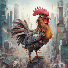 Mechanical Rooster in a Modern City