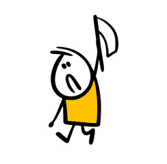 Stickman holds a white flag over his head. Vector illustration of a sad loser boy and defeat.