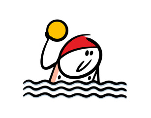 Sporty teenager throws a ball in the water, plays water polo. Vector illustration of stickman and a summer game in the pool or the sea.