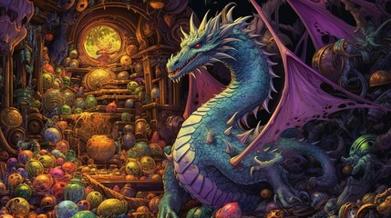 A dragon hoarding treasure in its lair . Fantasy concept , Illustration painting. Generative Ai