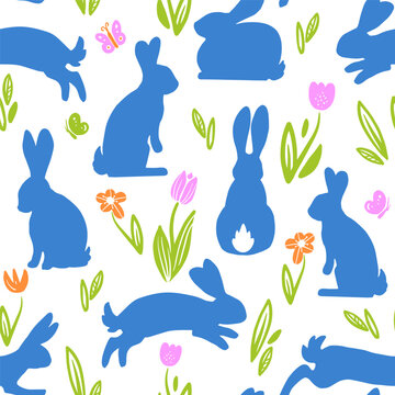 Rabbit, bunnies silhouettes vector seamless pattern with flowers and grass. Happy Easter Traditional decorative elements for greeting card, poster, banner, package design. Color image, isolated
