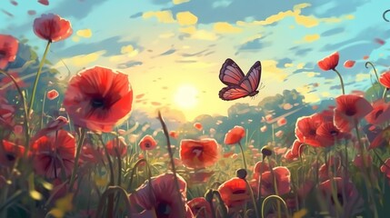 A field of poppies with a butterfly flitting from flower to flower . Fantasy concept , Illustration painting. Generative Ai