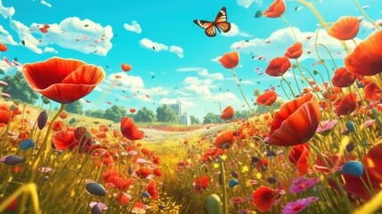 Obraz premium A field of poppies with a butterfly flitting from flower to flower . Fantasy concept , Illustration painting. Generative Ai