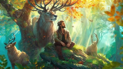 A druid communing with nature and animals in a serene forest . Fantasy concept , Illustration painting. Generative Ai - obrazy, fototapety, plakaty