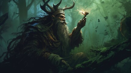 A druid calling upon the spirits of the forest to aid them in battle . Fantasy concept , Illustration painting. Generative Ai