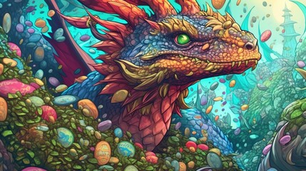 Fototapeta na wymiar A dragon hoarding treasure in its lair . Fantasy concept , Illustration painting. Generative Ai