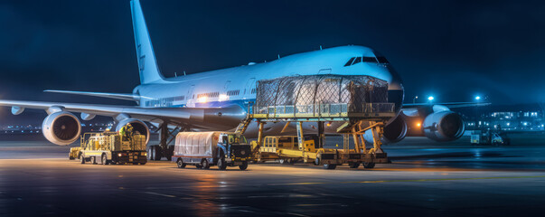 Commercial cargo air freight airplane loaded at airport in the evening, Generative AI - obrazy, fototapety, plakaty