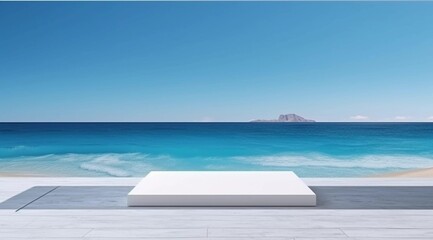 Fototapeta premium Blue sky and white clouds display background, white stone display stand, AI generated