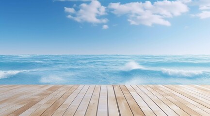 Fototapeta na wymiar Blue sky and white clouds display background, wooden floor, AI generated