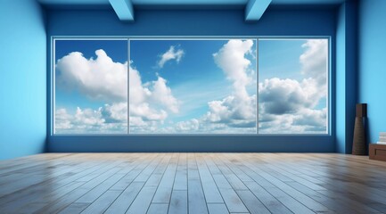 Blue sky and white clouds display background, big windows blue practice hall, AI generated