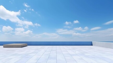 Obraz premium Blue sky and white clouds display background, terrace made of tiles, AI generated