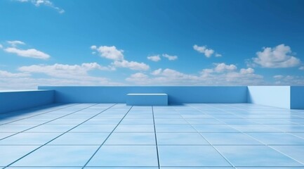 Blue sky and white clouds display background, blue tile floor, AI generated
