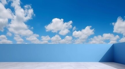 Fototapeta na wymiar Blue sky and white clouds display background, roof blue handrails, ceramic tile floor, AI generated