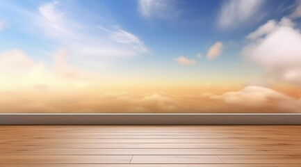 Fototapeta na wymiar Blue sky and white clouds display background, brown wooden floor, AI generated