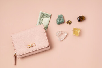 Crystals kit for abundance, money and prosperity. Pyrite, tiger eye, green aventurine, clear quatz,citrine gemstones for finantial gains gift idea. Flat lay, top view