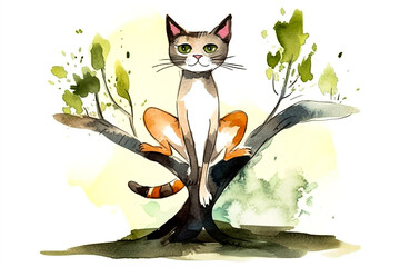Fototapeta na wymiar Watercolor Illustration of a Cat Practicing Yoga ai generation High quality