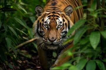 High-definition Detailed Image of Bengal Tiger in Dense Jungle: Highlighting the Stealth and Majestic Beauty of Wildlife with a Full-frame Mirrorless Camera and Prime Lens generative AI
