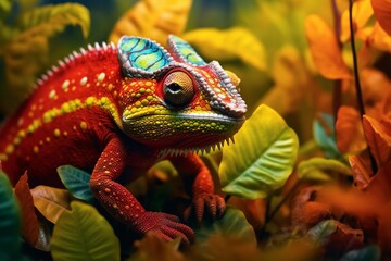 High-definition Detailed Image of Chameleon Blending into Foliage: Illustrating Nature's Camouflage Techniques with a Mirrorless Camera and Zoom Lens generative AI
