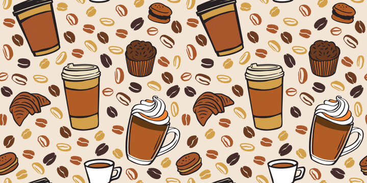 Coffee beans, sweets and cup coffee away seamless pattern. Vector hand drawn illustration in brown color on dark background. Pattern for package, wallpaper, wrapping paper, menu or textile design.