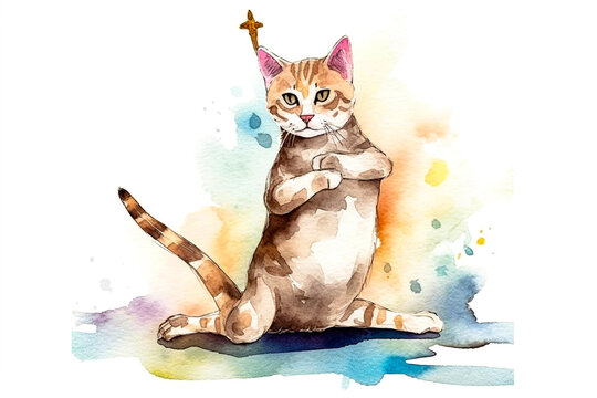 Watercolor Painting of a Cat Finding Inner Peace through Yoga ai generation High quality