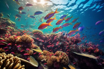 High-definition Image of Colorful Fish in Coral Reef: Celebrating Marine Life Diversity with Underwater DSLR Housing and Wide-angle Lens generative AI