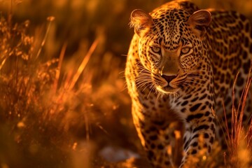 Powerful Leopard in Grassland at Dusk: Displaying the Unique Beauty and Grace of the Wild Animal in Its Natural Habitat generative AI