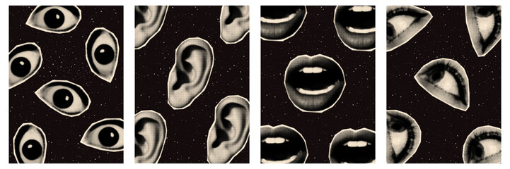 Halftone collage retro posters set. Lips, eyes, ear in outer space. Psychedelic old style. Vector Art.