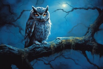 Owl Perched on High Branch at Night: Exemplifying the Solitude and Mystery of Nocturnal Creatures in Their Natural Settings generative AI