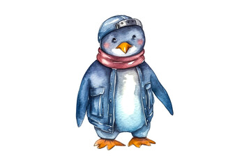 penguin in denim jacket and cap watercolor ai generation High quality