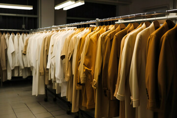 a closet full of white, blue, and brown by a rack