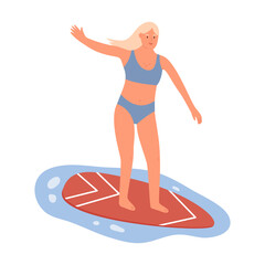 Active Woman in swimwear stand on surfboard and catch wave. Girl surfer ride on surf board. Flat vector illustration isolated on white background