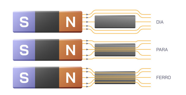 Ferro, ferri, dia,  paramagnetic force vector illustraiton. Aligned domain unaligned domain. Curie Weiss law. Diagram types of magnetism  law. General physics study material for students and teacher 