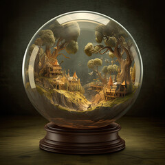 Miniature World in a Glass Globe: Illustration of Fantasy Creatures and Scenery