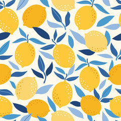 Materiał do szycia Tropical seamless pattern with yellow lemons. Fruit summer background. Vector bright modern abstract print for paper, cover, fabric.