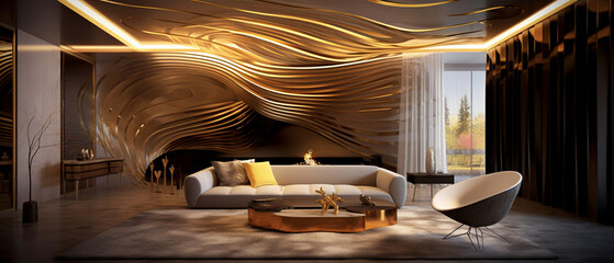 Wide Angle Futuristic Living Room Interior Design with Chromatic and Fluid Ceiling Lines - Intricate Backlit Gold Panels - RoyalCore Aesthetic - Generative AI