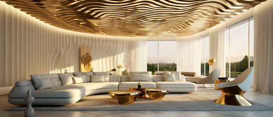Wide Angle Futuristic Living Room Interior Design with Chromatic and Fluid Ceiling Lines - Intricate Backlit Gold Panels - RoyalCore Aesthetic - Generative AI