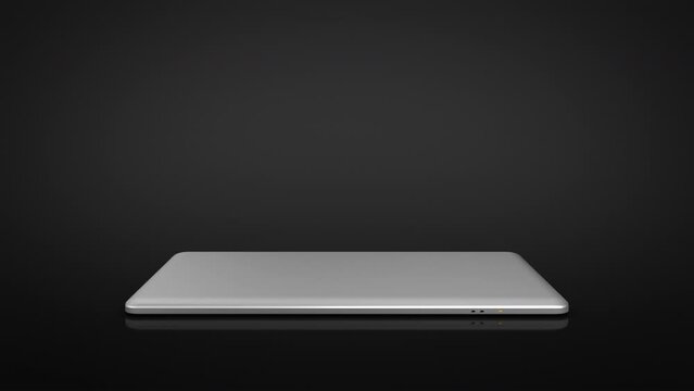 Thin laptop animation. Spinning. Highly detailed aluminum laptop spinning and opening over black background. The white display is perfect for tracking and adding your own photos or videos.