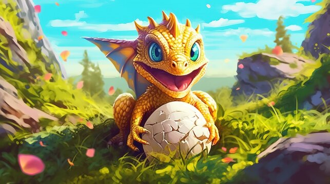 A cute baby dragon hatching from an egg . Fantasy concept , Illustration painting. Generative Ai