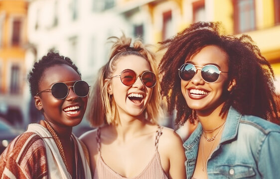 Three young beautiful women having fun and spending time together on a sunny day