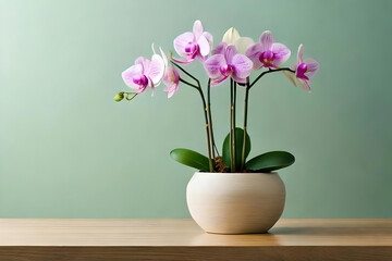 Orchid arrangement in a vase on a light green background, with a wooden minimalist sculpture as minimalist decor