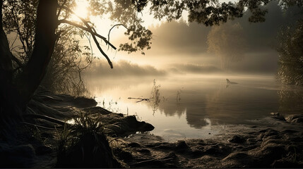 Peaceful lakeside scenery at dawn, with mist rising from the water